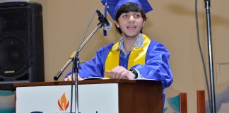 SHA valedictorian, Brayden Kohler, making his speech to friends, family and classmates at the class of 2019 graduation ceremony.