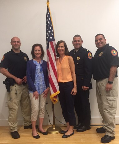 Sixth Precinct POP officer Joe Oginski, Great Neck Plaza Village Mayor Jean Celender, Legislator Birnbaum, NCPD Sixth Precinct Deputy Inspector Harun Begis and POP Officer Sherman Payami will all be participating in National Night Out in Great Neck Plaza on Tuesday, Aug. 6. (Photo courtesy of Nassau County Legislator Ellen Birnbaum’s office)
