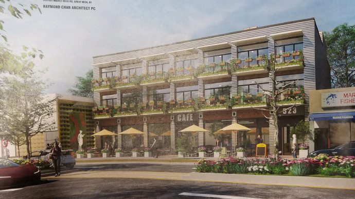 Silver Lake Realty Group is proposing the creation of a mixed-use building for 523-531 Middle Neck Road, the former home of Middle Neck Pharmacy and soon-to-be former home of HSBC. (Rendering by Raymond Chan Architects)