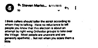 Jeffrey Wiesenfeld sent this screenshot of an email from 2015 as “’exhibit A’ concerning the head of the local Great Neck Democratic Party’s view of observant Jews as ‘boogeymen.’” Markowitz said he never wrote that email.