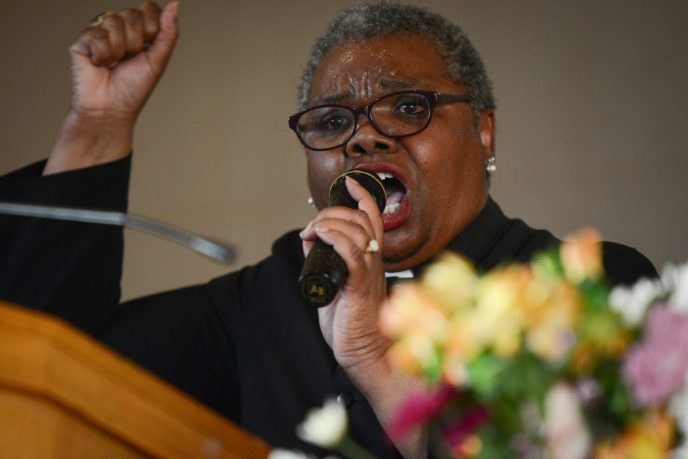 Rev. Natalie Wimberly of Clinton Memorial A.M.E. Zion Church delivered a powerful sermon on Sunday, calling on congregants to remain 'maladjusted' in the face of continued injustice in honor of Martin Luther King Jr. (Photo by Janelle Clausen)