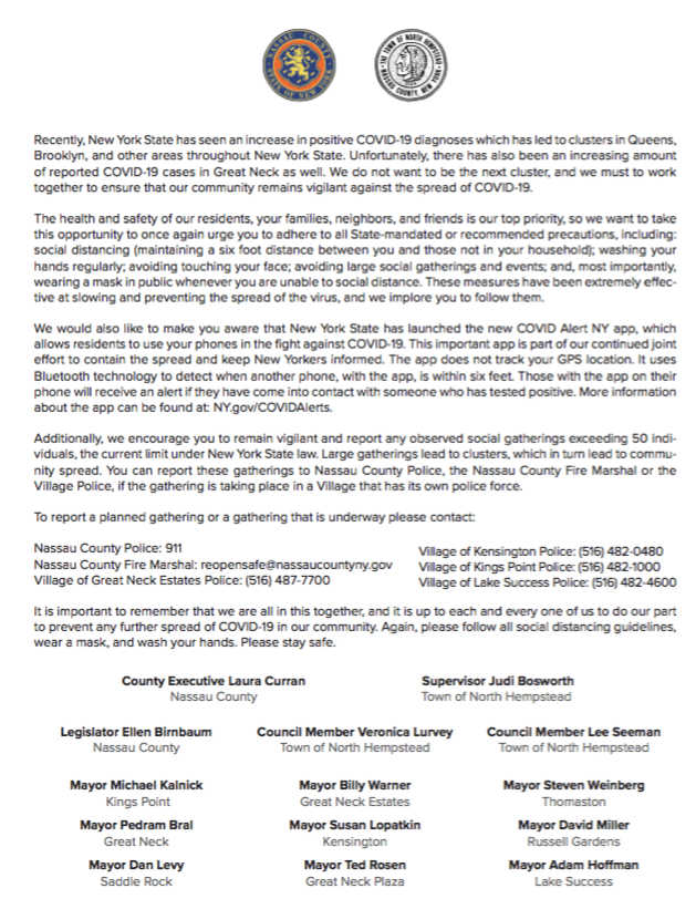 Local officials warn Great Neck community about becoming a coronavirus cluster