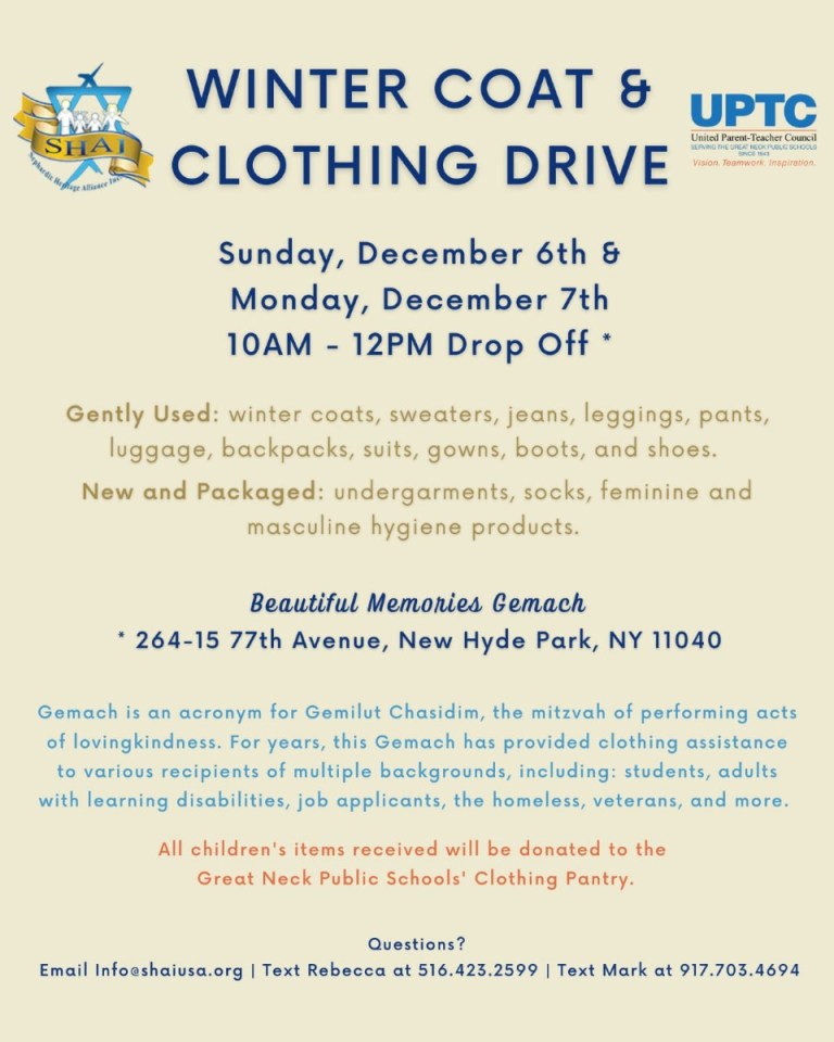Sephardic Heritage Alliance Inc. to hold coat and clothing drive Dec. 6-7 Sephardic Heritage Alliance Inc. to hold coat and clothing drive Dec. 6-7