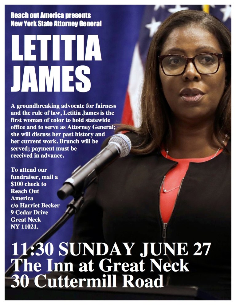 Attorney General Letitia James to speak at Reach Out America fundraiser Attorney General Letitia James to speak at Reach Out America fundraiser