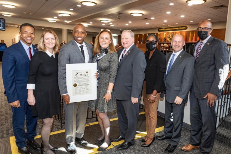 DeRiggi-Whitton congratulates Rodney Harrison at Nassau Legislature DeRiggi-Whitton congratulates Rodney Harrison at Nassau Legislature