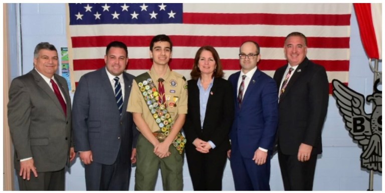 Supervisor DeSena honor Thomas Scartozzi of BSOA Troopy #332 in New Hyde Park at Eagle Scout Court of Honor