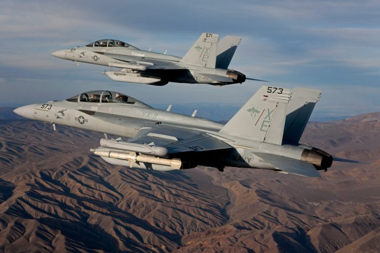 3 Boeing EA-18G Super Growlers, a specialized electronic warfare version of the two-seat F/A-18F Super Hornet, at American Airpower Museum