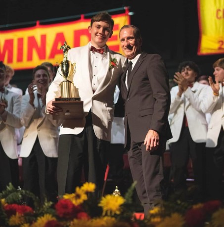 Chaminade High School's valedictorian is pictured here with the school's principal, Brother Thomas Cleary, after he was also awarded Chaminade's Man of The Year award.