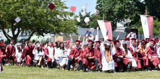 North Shore High School's graduating class of 2022 throwing up their caps at the conclusion of the ceremony.