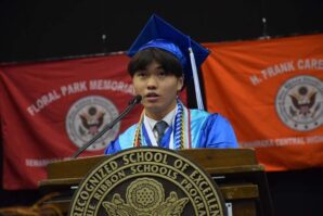 Valedictorian Laurence Lai delivers his speech at the graduation ceremony