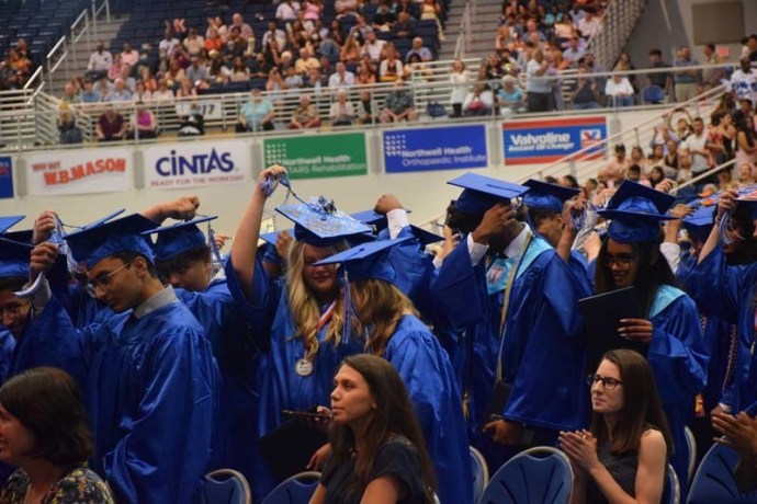 New Hyde Park Memorial High School's Graduating Class of 2022 turning their tassels at the end of the ceremony on Sunday.