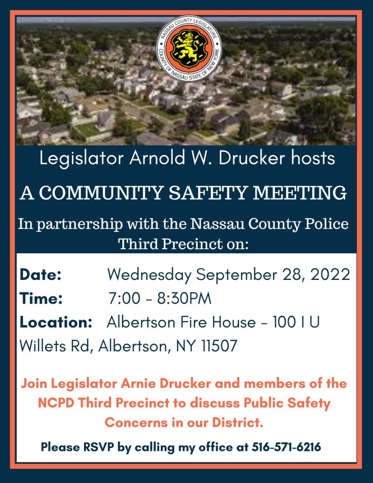 Drucker and NCPD 3rd Precinct announce upcoming community safety meeting at Albertson Fire House