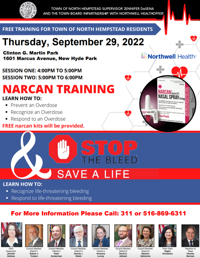Town parnters with North Shore University Hospital to offer free Narcan and Stop the Bleed training Town parnters with North Shore University Hospital to offer free Narcan and Stop the Bleed training