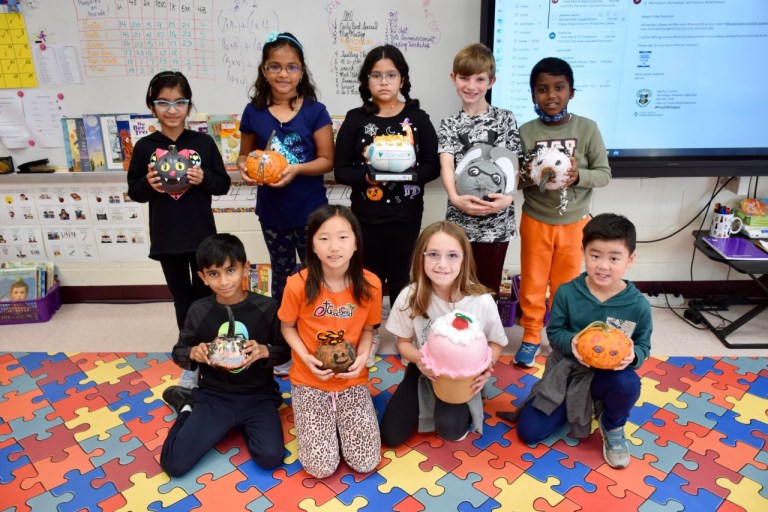 Festive pumpkins on display in third grade classrooms at Manor Oaks in New Hyde Park Festive pumpkins on display in third grade classrooms at Manor Oaks in New Hyde Park