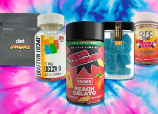 A line up the Strongest Delta 9 Gummies over a tie dye backdrop