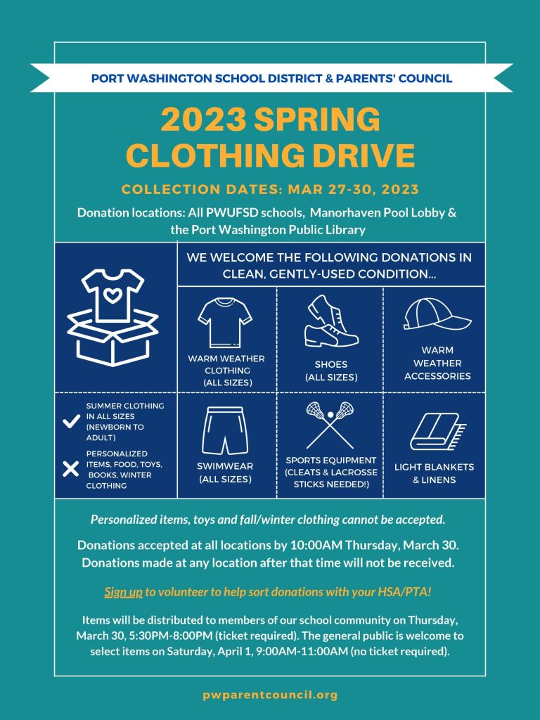 Port Washington Parents’ Council and PWUFSD to host annual Spring Clothing Drive: March 27-April 1, 2023 Port Washington Parents’ Council and PWUFSD to host annual Spring Clothing Drive: March 27-April 1, 2023