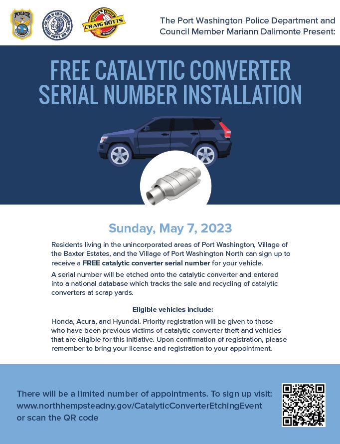 Council Member Dalimonte and Port Washington Police Department to host free catalytic converter serial number installation event