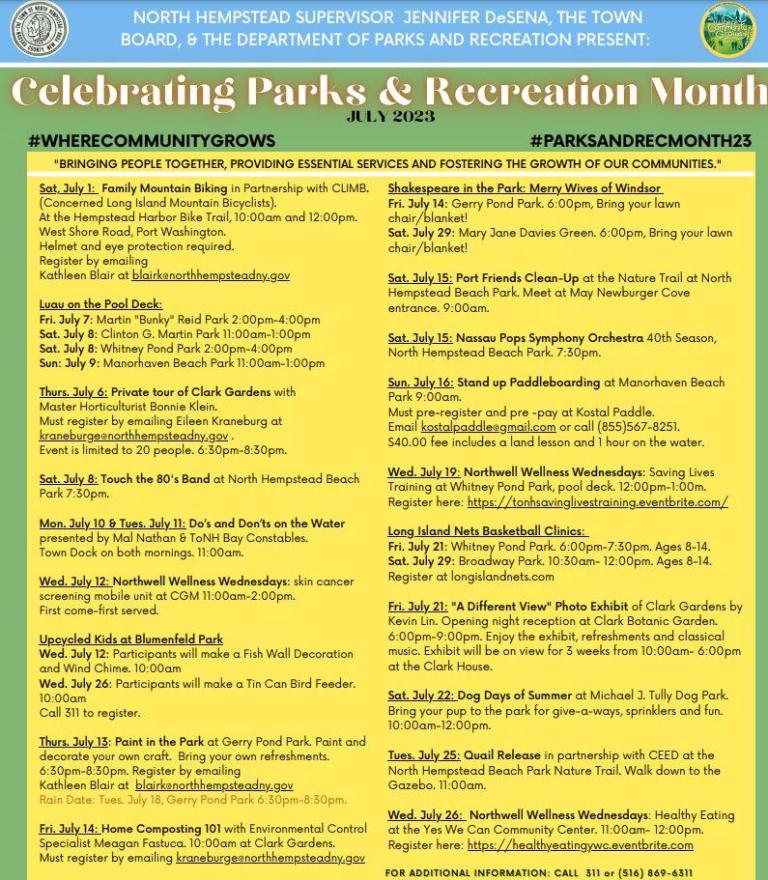 July celebrated as Parks and Recreation Month in the Town of North Hempstead