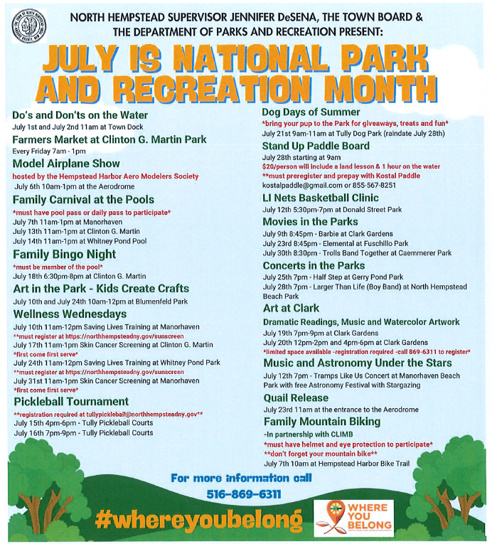 July celebrated as Parks and Recreation Month in the Town of North Hempstead